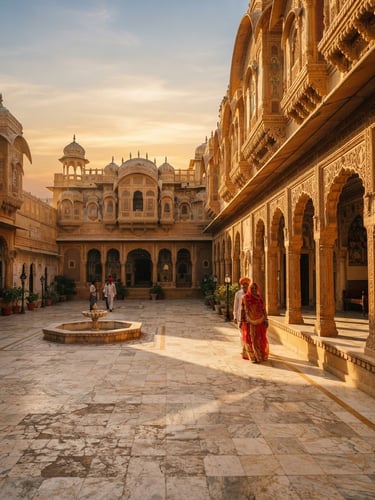 Wide environmental shot of a sun-drenched marble courtyard of a Rajasthani palace at golden hour, intricate hand-carved stone archways casting long shadows, warm editorial photography, 35mm.