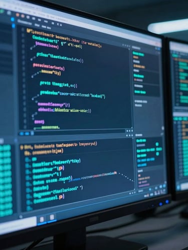 Close-up of a high-tech command center monitor displaying clean code and real-time cyber security data streams, moody blue and neon teal backlighting, 35mm lens