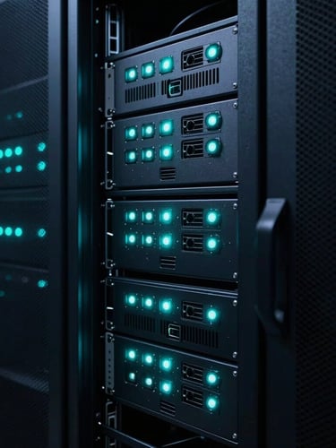 Low-key, high-contrast dark technical photography of modern server racks glowing with sharp neon teal status lights, 35mm lens