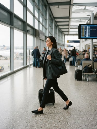 A professional woman in a sharp charcoal blazer walking purposefully through a sunlit airport terminal, soft overcast daylight, 35mm photography