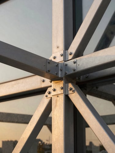 Architectural close-up of geometric steel joints and structural glass reflecting warm golden sunset light, clean lines, high contrast