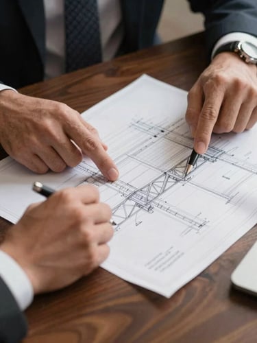 Close-up of hands of two executives reviewing an architectural blueprint on a dark wooden table, sharp warm lighting, focused atmosphere.