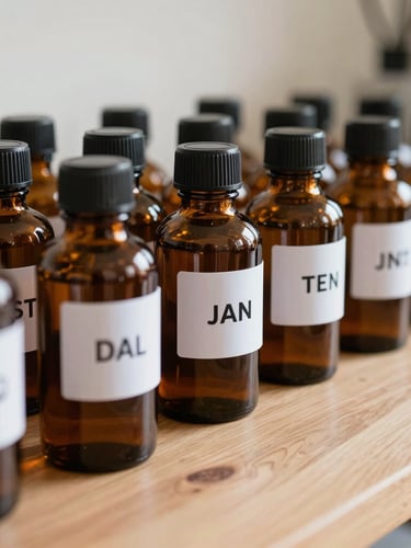 A close-up shot of neatly labeled amber glass apothecary jars on a clean wooden counter, soft natural daylight filtering in.