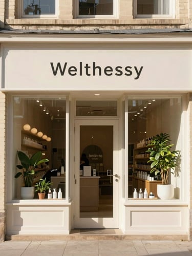 Eye-level medium shot of a clean, modern wellness apothecary storefront on Warwick Avenue, bright natural morning daylight, warm cream brick exterior with a neat minimalist sign, soft green plants by the entrance
