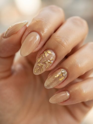 Extreme close-up of perfectly sculpted luxury gel nails, soft gold and warm beige tones, editorial studio lighting, macro lens focus