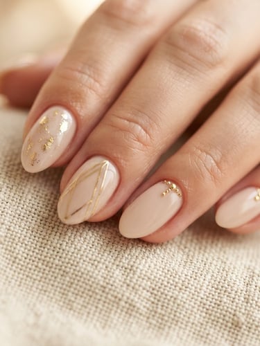 Extreme macro close-up of perfectly sculpted gel nails in soft beige and gold tones, hands resting on a textured linen surface, high-end luxury editorial photography, soft studio lighting, shallow depth of field