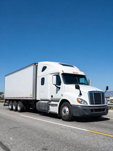 Dynamic low-angle shot of a pristine white semi-truck driving on a sun-drenched Southern California highway, bright crisp daylight, deep blue sky, sharp focus, high-contrast commercial photography.