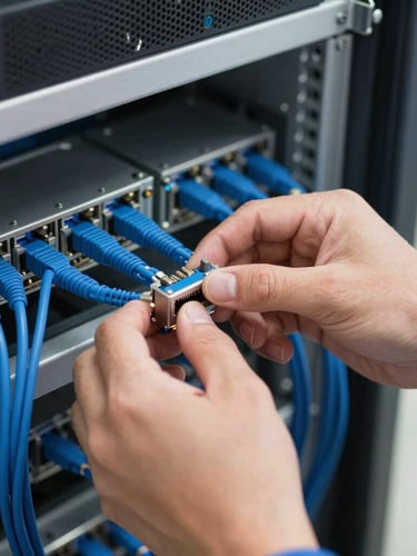 Close-up of a technician's hands organizing blue Category 6 network cabling into a server rack, sharp focus, natural indoor lighting, 35mm lens