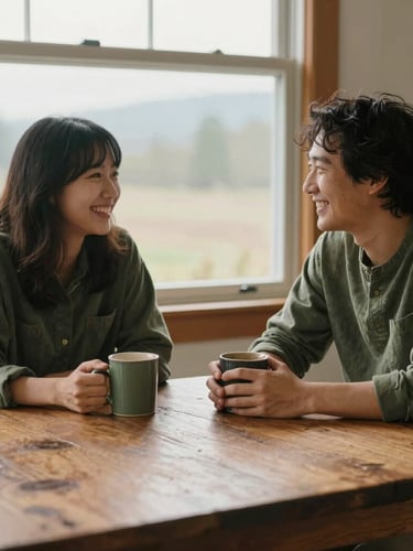 Candid medium shot of two people sitting at a rustic wooden table in a warm room, soft Pacific Northwest window light, holding mugs and laughing gently, earthy moss green tones.