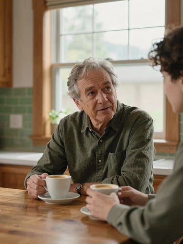 Candid medium-close shot of an older mentor and young adult talking over coffee in a warm, wood-toned Seattle kitchen, soft overcast daylight through the window, moss green accent details.