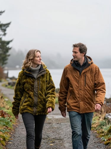 Candid shot of two neighbors walking along a misty Puget Sound trail, wearing warm cedar and moss-colored jackets, soft Pacific Northwest overcast light, natural depth of field.