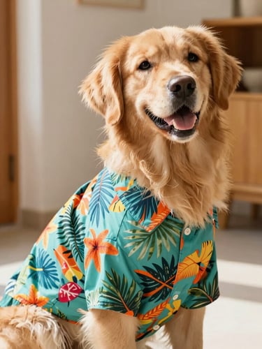 Bright editorial pet photography, eye-level shot of a happy golden retriever wearing a colorful handmade tropical shirt, sitting in a sunlit room with warm wooden details.