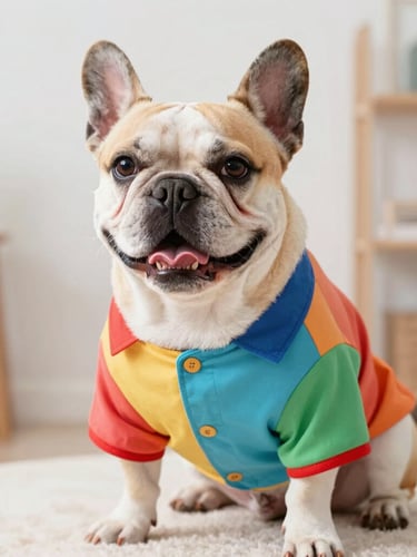 Bright editorial pet photography, a happy French bulldog wearing a perfectly fitted colorful handmade shirt, soft daylight, Celaya workshop background, shallow depth of field