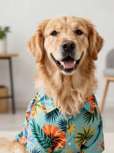 Bright editorial portrait of a happy smiling golden retriever wearing a colorful tropical shirt, soft natural daylight, Celaya workshop background