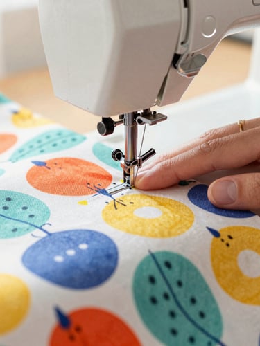 Bright editorial pet photography, close-up of a colorful patterned fabric being guided through a sewing machine by an artisan, warm daylight highlighting the neat stitching.