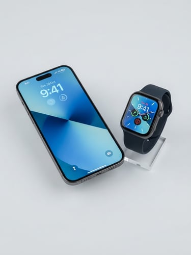 Isolated modern smartphone and smart watch on a light gray background, clean product photography, bright high-key studio lighting, crisp sharp focus