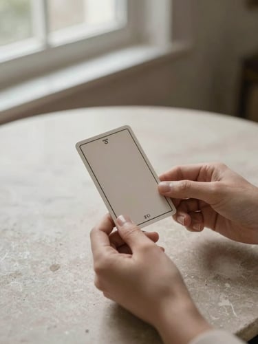 Elegant close-up of hands holding a single minimalist tarot card on a stone table under soft directional window light, muted neutral tones, 35mm