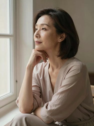 Elegant, introspective portrait of a mature woman in thoughtful repose, soft directional window light, warm neutral tones, 35mm