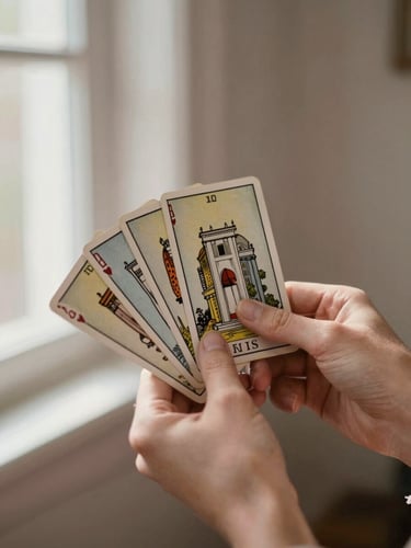 Close-up of hands holding tarot cards like architectural artifacts, warm minimalist interior, soft window light, high-contrast shadows, 35mm
