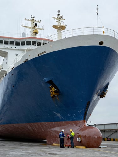 Wide panoramic shot of a large commercial vessel in dry dock, hull exposed, under overcast daylight, a surveyor in the foreground examining the hull with equipment. Cool slate and deep blue tones, sharp focus.