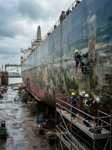 Wide panoramic shot of a commercial vessel hull in dry dock, showing detailed technical inspection, overcast daylight, cool slate and deep blue tones, sharp focus, 35mm.