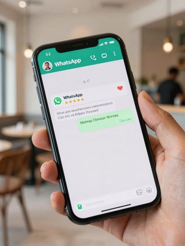 A close-up of a smartphone screen displaying a friendly WhatsApp review request from a local Indian restaurant, held by a customer in a bright, modern cafe setting, natural daylight, sharp focus, 35mm