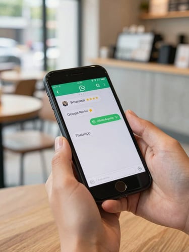 Close-up of a customer's hands holding a smartphone in a modern Bangalore cafe, displaying a WhatsApp chat requesting a Google review, natural daylight, sharp focus, 35mm.