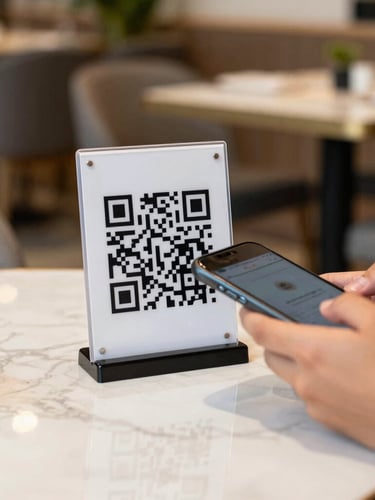 A close-up of a modern restaurant table in Bangalore with a clean QR code stand, a customer scanning it with a smartphone, warm natural daylight.