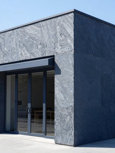 Sharp architectural photography of a modern commercial interior under bright natural daylight, clean lines, slate and deep blue tones, 35mm