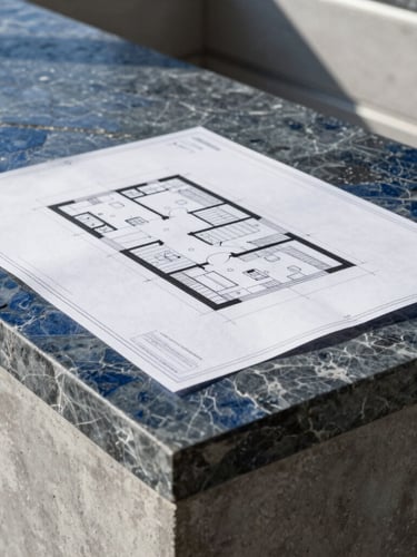 Architectural blueprint laid out on a clean concrete kitchen island, high-contrast natural daylight, sharp details, cool slate and deep blue tones, 35mm