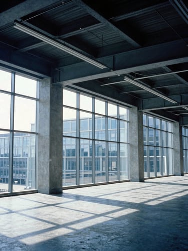 Wide-angle architectural photograph of a modern commercial office interior with exposed steel beams and concrete floors, bright natural daylight streaming through large windows, slate blue tones, high contrast, 35mm