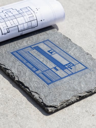 Sharp architectural macro shot of blueprints laid out on a clean concrete surface, natural high-contrast daylight, cool slate gray and deep blue palette