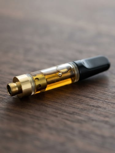 Macro 35mm portrait shot of clean amber distillate in a sleek glass cartridge resting on natural dark wood, bright studio lighting, soft shadows, clinical minimalist aesthetic, generous negative space.