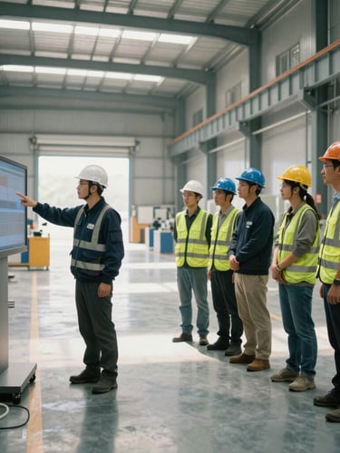 Wide shot of an industrial facility floor with natural light, where a supervisor in safety gear is pointing to a digital dashboard with a team of focused workers listening attentively, clean and organized environment.
