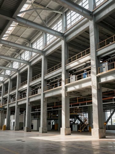 Vista arquitetônica ampla de uma instalação industrial moderna e organizada, linhas estruturais limpas de aço e concreto sob luz natural difusa, transmitindo ordem, precisão e conformidade regulatória rigorosa.