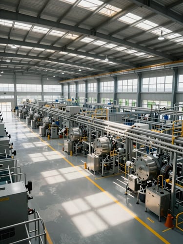 Wide panoramic view of a modern, highly organized industrial facility, clean floors, clear safety markings, natural light streaming from high windows, no people.