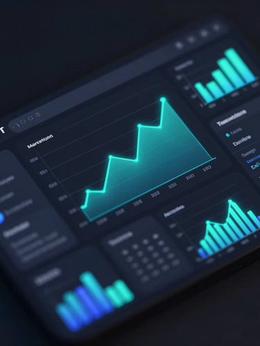 Sleek dark-mode software interface of a marketing analytics dashboard, high-contrast neon cyan and indigo glowing charts, macro depth of field