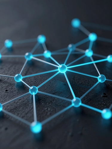 Sleek 3D render of abstract digital nodes and glowing network connections, dark slate background with sharp cyan highlights, macro depth of field