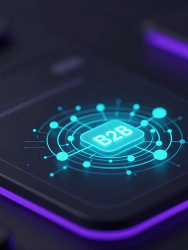 Sleek 3D render of an interactive B2B data-filtering software interface, glowing cyan data nodes, dark ambient background with purple edge glows, macro depth of field