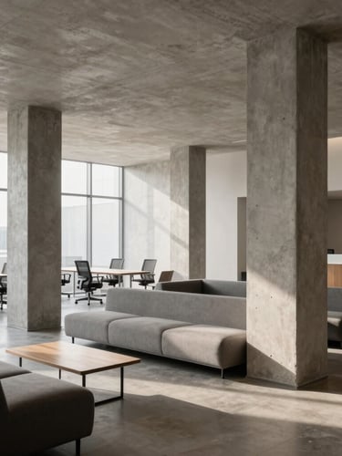 Architectural wide-angle shot of a minimalist office lobby with concrete columns and structured European lounge furniture, natural side-lighting