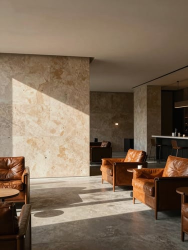 Wide-angle architectural shot of a minimalist luxury hotel lobby, natural side-lighting casting long shadows, premium leather lounge chairs, concrete floor, warm travertine wall detail, negative space on the left.