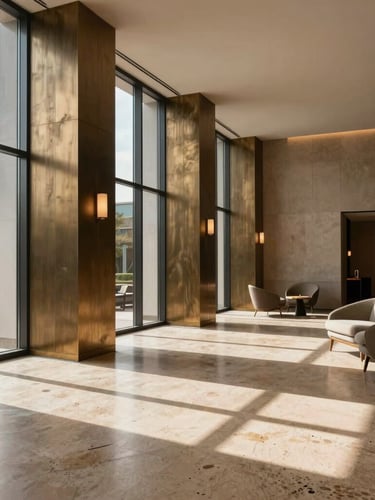 Wide-angle architectural view of a minimalist hotel lobby, dramatic side-lighting from tall windows casting long shadows, warm travertine floors, brushed bronze architectural columns, and bespoke Italian lounge chairs in the right third.