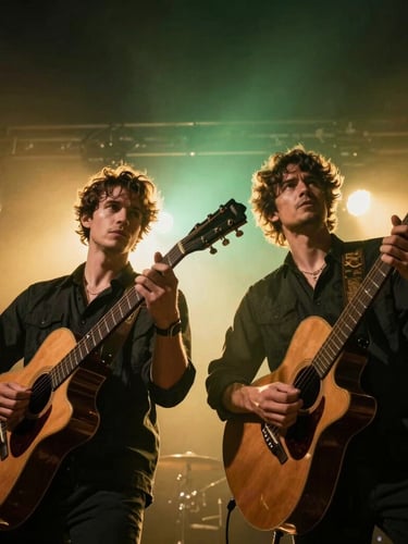 Low-angle heroic portrait of two male musicians performing live under dramatic gold and petroleum green stage backlighting, holding acoustic guitars, high contrast, 35mm.
