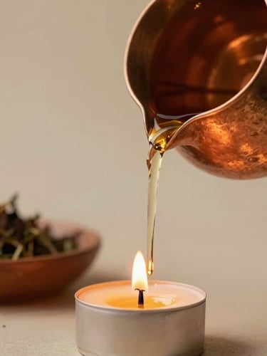 Warm editorial photography of warm herbal oil being slowly poured from a copper vessel, soft golden-hour candlelight, shallow depth of field, 35mm