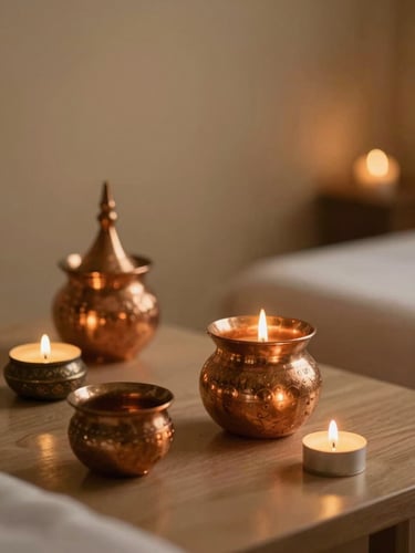 Warm low-key candlelit Ayurvedic treatment room with traditional copper vessels, soft golden-hour lighting, 35mm photography