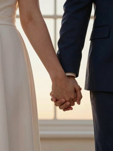 Warm editorial photography of a loving couple holding hands during golden hour, soft window light, shallow depth of field, 35mm