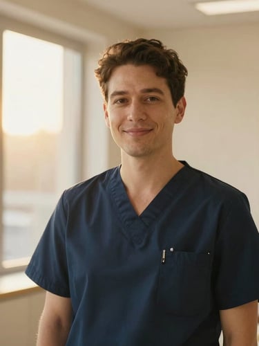 Editorial portrait of a warm, professional fertility specialist in a modern, softly lit clinic, gold accents, warm natural light, shallow depth of field
