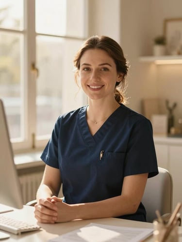 Soft-focus portrait of a warm, professional fertility coordinator in a sunlit boutique office, rich navy and champagne tones, golden-hour light, 35mm