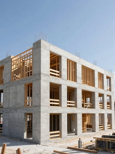Sharp architectural photography of an active, highly organized high-end residential construction site, clean concrete, structured timber framing visible under bright natural daylight, wide-angle lens
