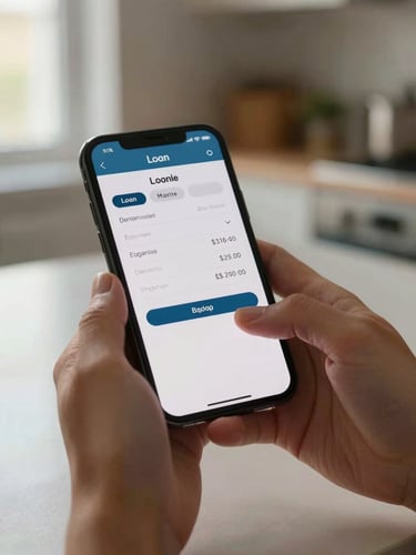 Close-up of hands holding a smartphone displaying a loan quote screen, natural window light from the left, shallow depth-of-field on the screen, warm off-white kitchen surface blurred in background